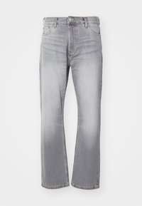 Gray denim jeans with a straight-leg design, subtle fading, and classic five-pocket styling. Features a button and zip fly closure.