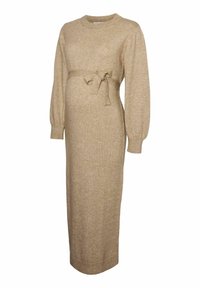 Abito premaman in mag Beige chiaro con maniche lunghe a sbuffo, vita con cintura e silhouette lunga e dritta. Tessuto morbido e design semplice.