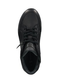 Schwarze Ledersneaker mit runder Zehenpartie, flachen Schnürsenkeln, gepolstertem Kragen und strukturierten Akzenten, mit einem weichen grauen Innenfutter.