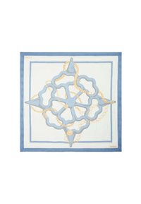Foulard en soie carré avec une palette de couleurs bleu et blanc, présentant un motif en chaîne, bordé d'un cadre bleu uni, et marqué dans un coin.