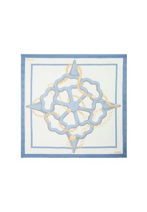 Foulard en soie carré avec une palette de couleurs bleu et blanc, présentant un motif en chaîne, bordé d'un cadre bleu uni, et marqué dans un coin.