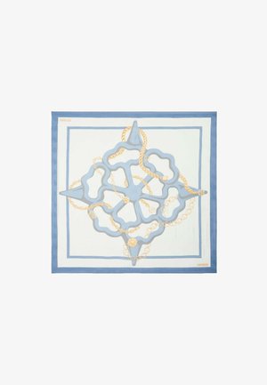 Foulard en soie carré avec une palette de couleurs bleu et blanc, présentant un motif en chaîne, bordé d'un cadre bleu uni, et marqué dans un coin.