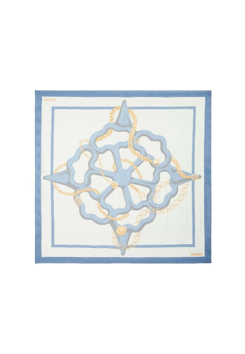 Foulard en soie carré avec une palette de couleurs bleu et blanc, présentant un motif en chaîne, bordé d'un cadre bleu uni, et marqué dans un coin.