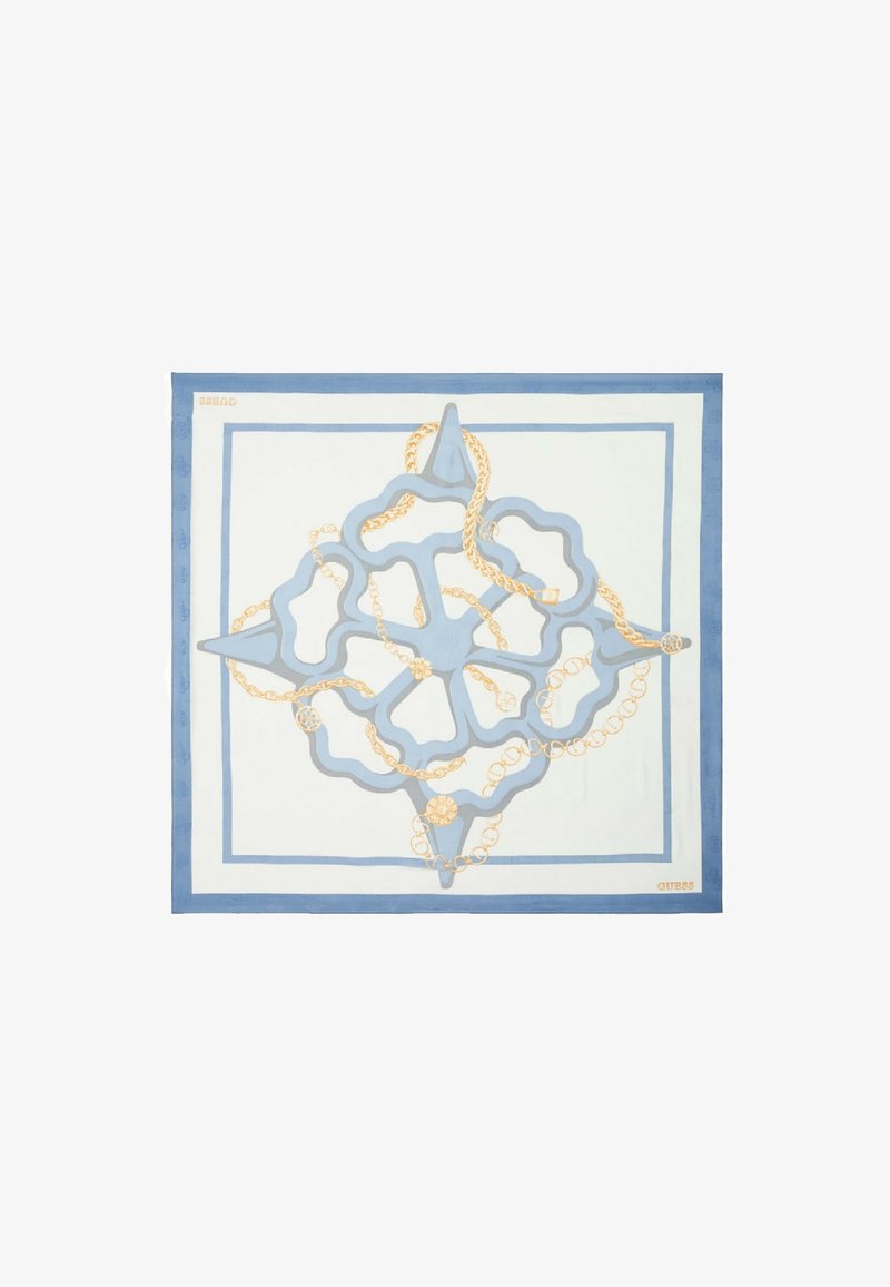 Foulard en soie carré avec une palette de couleurs bleu et blanc, présentant un motif en chaîne, bordé d'un cadre bleu uni, et marqué dans un coin.