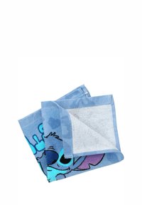 Modrý ručník s designem od kreslené postavičky. Má měkkou strukturu, živou potisk s postavičkou Stitche a bílou, savou vnitřní vrstvu.