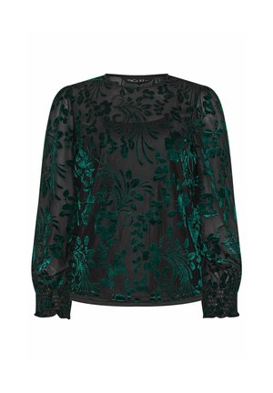 Schwarze transparente Bluse mit langen Ärmeln und dunkelgrünen Samtblumenmustern, mit ballonförmigen Ärmeln und gerafften elastischen Bündchen.