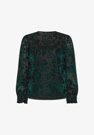 Schwarze transparente Bluse mit langen Ärmeln und dunkelgrünen Samtblumenmustern, mit ballonförmigen Ärmeln und gerafften elastischen Bündchen.
