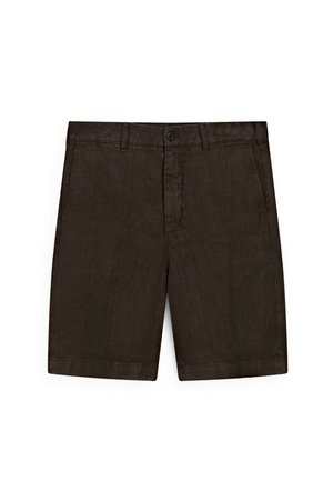 Bruine linnen korte broek met een vlakke voorkant, knoopsluiting en zijzakken. Kenmerkt zich door een licht gestructureerde stof en een getailleerd silhouet.