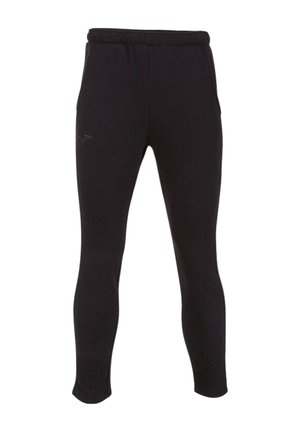 Pantalones deportivos negros de corte ajustado con cintura elástica y un pequeño logo bordado en la parte superior del muslo izquierdo.