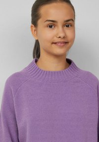 Lila Strickpullover mit geripptem Rundhalsausschnitt, ausgestattet mit einer strukturierten Oberfläche und Raglanärmeln, geeignet für die Freizeit.