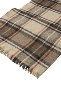 Écharpe en laine avec un motif tartan beige, marron, bleu et rouge, et des bords frangés.
