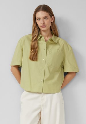 Jonge vrouw met lang lichtbruin haar die een losse lichtgroene korte mouw blouse met knopen en crèmekleurige broek draagt tegen een grijze achtergrond.