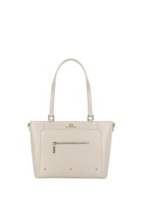Borsa a mano in pelle beige con due manici lunghi, chiusura con cerniera superiore, tasca frontale con cerniera e hardware color oro. Superficie testurizzata con logo.
