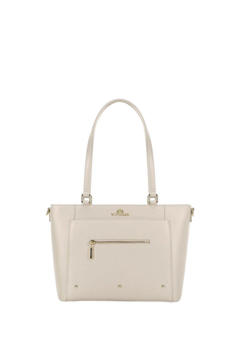 Borsa a mano in pelle beige con due manici lunghi, chiusura con cerniera superiore, tasca frontale con cerniera e hardware color oro. Superficie testurizzata con logo.
