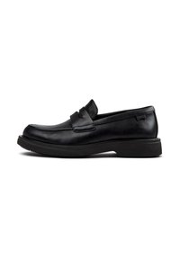 Black leather slip-on loafer with rounded toe, low sole, and decorative strap across the upper.