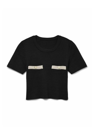 Svart kortärmad croptop i stickad kvalitet, med två framfickor och beige knappdetaljer. Rundad halsringning och mjuk textur.