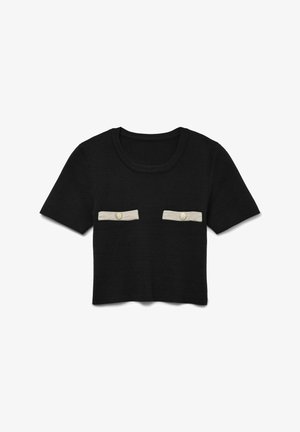 Sort kortærmet croptop lavet af strikstof, med to forlommer med beige knapdetaljer. Rund halsudskæring og blød tekstur.