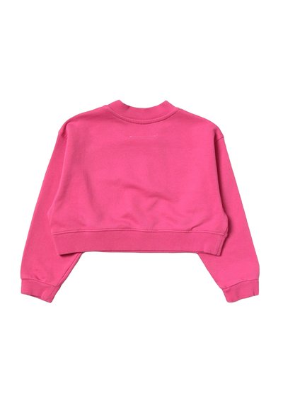 Felpa cropped di un brillante colore rosa. Tessuto morbido e texturizzato con maniche lunghe e polsini e colletto a costine. Design semplice senza decorazioni.