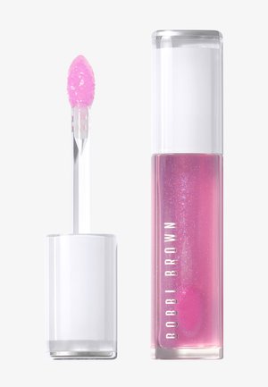 Błyszczący różowy błyszczyk do ust z brokatem w przezroczystej prostokątnej tubce z napisem "Bobbi Brown" oraz aplikatorem z białą nakrętką.