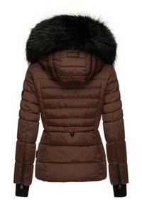 Brown padded jacket with a detachable black faux fur hood, zippered pockets, and horizontal stitching details. Rear view shows branding label.