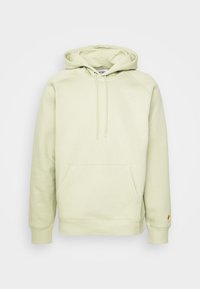 Felpa verde chiaro in morbido materiale misto cotone. Presenta coulisse regolabili, tasca a marsupio e polsini a costine.