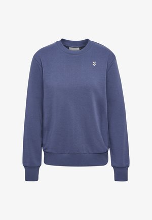 Lila Sweatshirt aus weichem Stoff. Runder Halsausschnitt, gerippte Bündchen und Saum. Verfügt über drei weiße Chevron-Akzente auf der linken Brust.