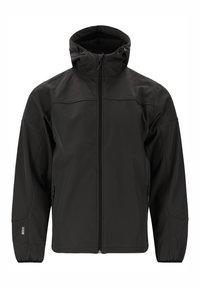 Sort softshell jakke med lynlås foran og hætte. Har elastiske manchetter, sidelommer og en glat, struktureret finish.