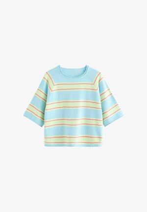 Gaiši zilas īsām piedurknēm džemperis ar horizontālām svītrām zaļā un rozā krāsā. Mīksta tekstūra ar noapaļotu kakla izgriezumu un brīvu pieguļumu.