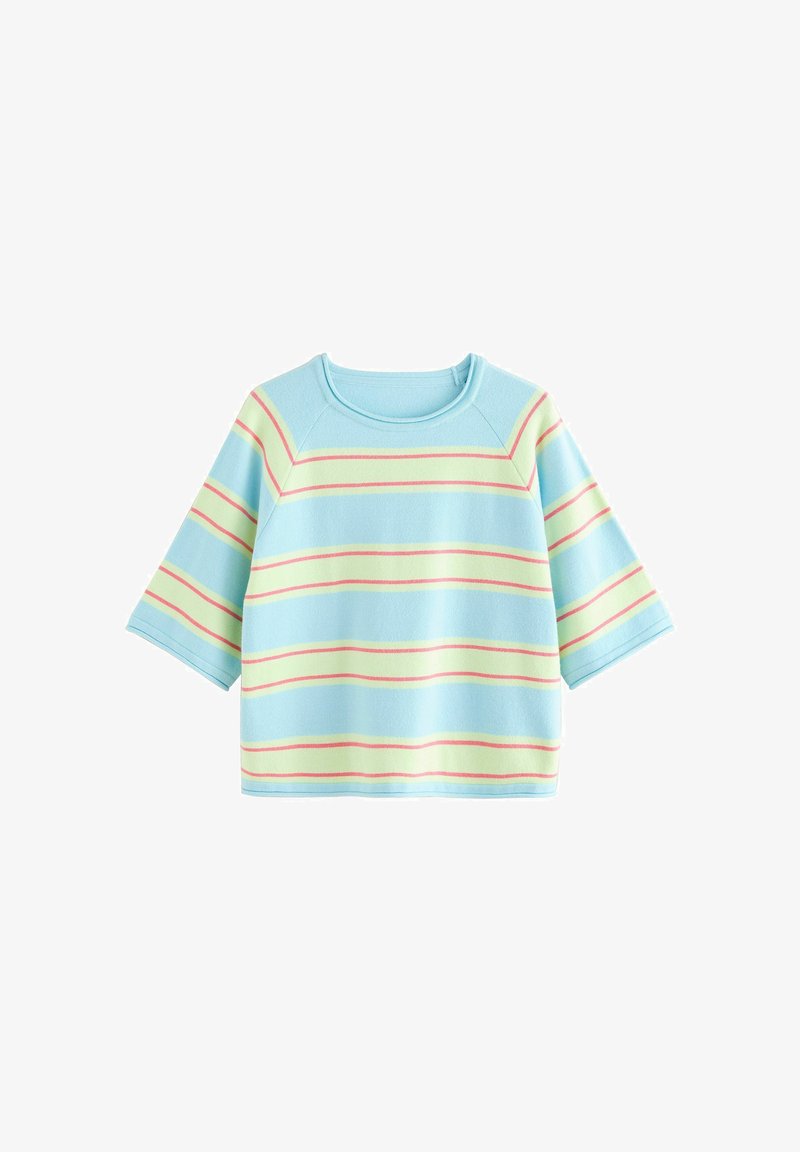 Világoskék rövid ujjú pulóver, zöld és rózsaszín vízszintes csíkokkal. Puha anyag, kerek nyakkivágással és laza szabással.