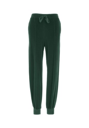 Pantaloni sportivi tapered verde scuro con vita elasticizzata, cordoncino, tasche laterali e polsini a coste, realizzati in un morbido tessuto testurizzato.