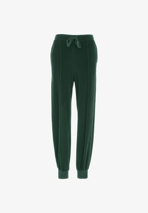 Pantalones de chándal ajustados en verde oscuro con cintura elástica, cordón, bolsillos laterales y puños acanalados, fabricados en un suave tejido texturizado.