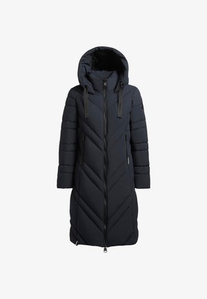 Cappotto imbottito lungo blu navy con design a zig-zag, grande cappuccio, chiusura con cerniera e bretelle regolabili. Presenta tasche laterali con cerniera.