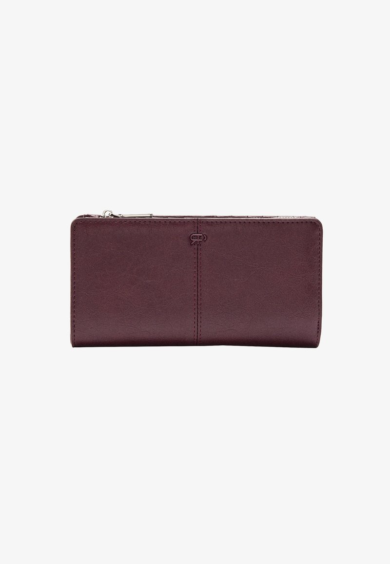 Portfel z bordowej skóry o gładkiej fakturze, zamykany na zamek błyskawiczny, o minimalistycznym designie. Na przodzie znajduje się niewielkie tłoczone logo.