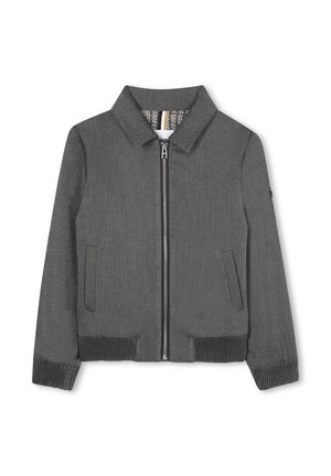 Veste bomber grise avec fermeture éclair à l'avant, poignets et ourlet côtelés, poches latérales et doublure intérieure à motifs. Fabriquée en tissu texturé.