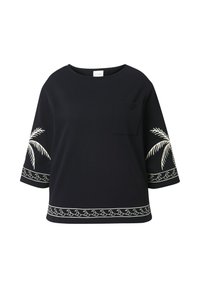 Camiseta negra de mangas tres cuartos, con bordado blanco de palmeras en las mangas y el dobladillo. Incluye un pequeño bolsillo en la parte delantera. Textura suave.