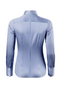 Blauw-wit gestreept shirt met een getailleerd design, lange mouwen en een standaard kraag. Voorzien van knoopsluiten bij de manchetten en een gladde stofstructuur.