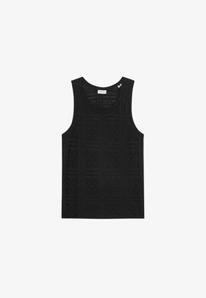Schwarzes Tanktop mit strukturiertem Muster aus gitterartigen Formen. Rundhalsausschnitt und ärmelloses Design, gefertigt aus leichtem Stoff.
