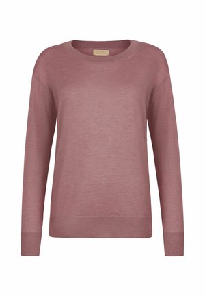 Dzianinowy sweter z długim rękawem w kolorze pudrowego różu z prążkowanymi mankietami, dołem i okrągłym dekoltem, prezentowany na białym tle.