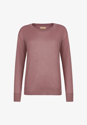 Langærmet striktrøje i støvet lyserød med ribbede ærmekanter, kant og rund hals, vist mod en hvid baggrund.