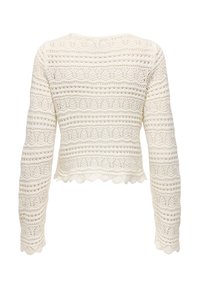 Haut en crochet blanc avec manches longues, ourlet festonné et motifs texturés complexes sur tout le tissu.