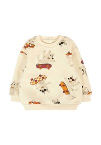 Felpa beige chiaro con illustrazioni di cani giocosi e skateboard. Polsini e orlo a costine, con un'etichetta che recita "Sono un ragazzo cool."