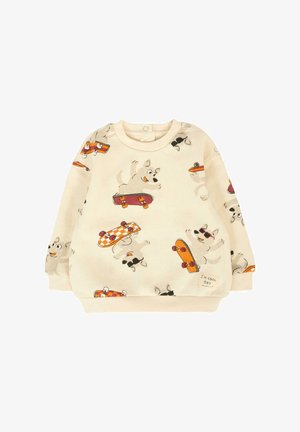 Felpa beige chiaro con illustrazioni di cani giocosi e skateboard. Polsini e orlo a costine, con un'etichetta che recita "Sono un ragazzo cool."