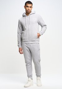 Sudadera gris con cremallera y bolsillo frontal, combinada con pantalones de chándal gris a juego. Ambos exhiben una tela suave y puños con canalé, con detalles de logo.
