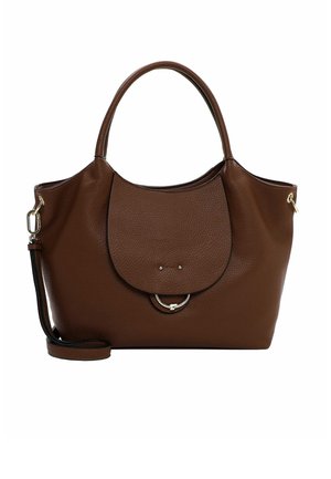 Borsa tote in pelle marrone con una finitura texturizzata, caratterizzata da una forma tondeggiante, doppi manici e una chiusura a pattina con un accento metallico circolare.