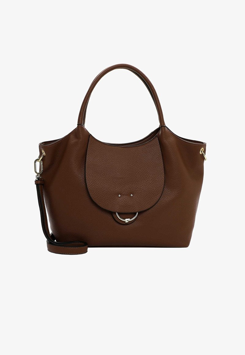 Brązowa skórzana torba typu tote o teksturowanym wykończeniu, charakteryzująca się zaokrąglonym kształtem, podwójnymi uchwytami oraz klapą z okrąłym metalowym akcentem.