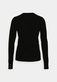 Pull noir ajusté à manches longues avec col rond et trois boutons argentés sur chaque manchette, vu de dos sur fond blanc.