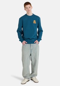 Γαλάζιο φούτερ με στρογγυλή λαιμόκοψη, ριμπ μανσέτες και τελείωμα· διαθέτει πολύχρωμο κεντητό σχέδιο στο στήθος· φορεμένο με ανοιχτόχρωμα τζιν.