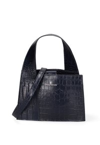 Borsa a tracolla in pelle blu navy con stampa effetto coccodrillo, dotata di doppi manici, cintura a spalla removibile e accento con logo. Forma rettangolare compatta.