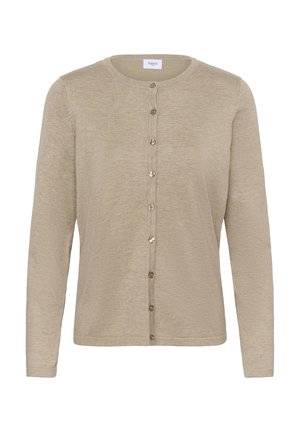 Bēša kardigans no teksturēta trikotāžas materiāla ar apaļu kakla izgriezumu, garām piedurknēm un pogu aizdari priekšpusē.