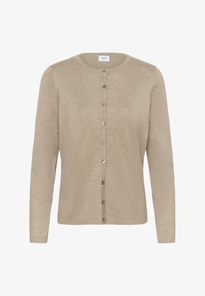 Beež kardigan tekstuurse kudumismaterjaliga, millel on ümmargune kaelus, pikad varrukad ja esiküljel nööpidega sulgur.